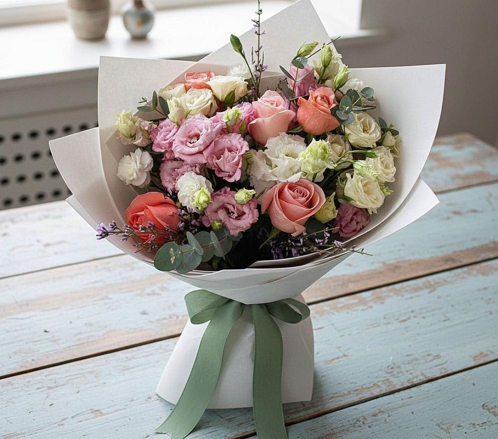 Букет далекие берега в Новодмитриевской Букет цветов из: Розы, Лизиантусы и Гвоздики в Новодмитриевской