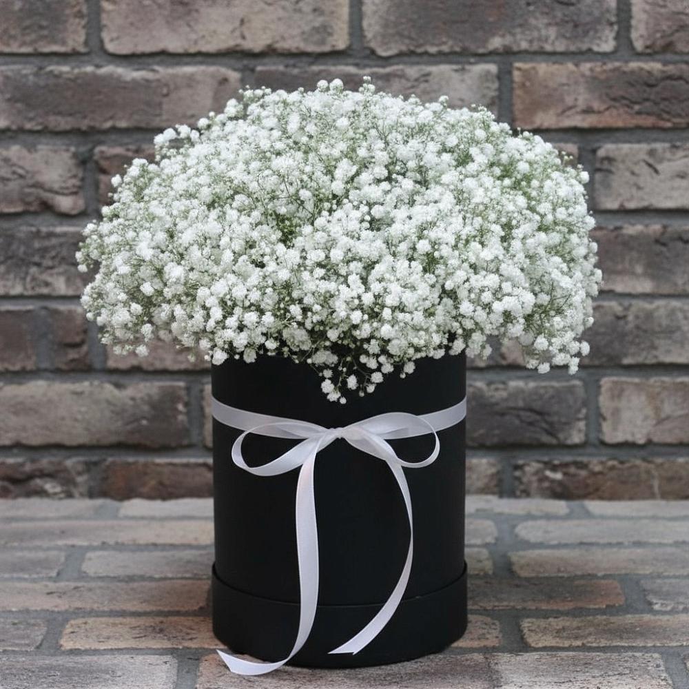 Композиция коробка гипсофил в Новодмитриевской Цветочная композиция из Гипсофила в шляпной коробке в Новодмитриевской