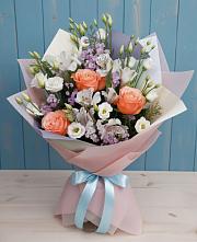 Букет Утренняя свежесть в Новодмитриевской Букет цветов из:  Лизиантусы, Розы, Альстромерии и Гипсофила в Новодмитриевской