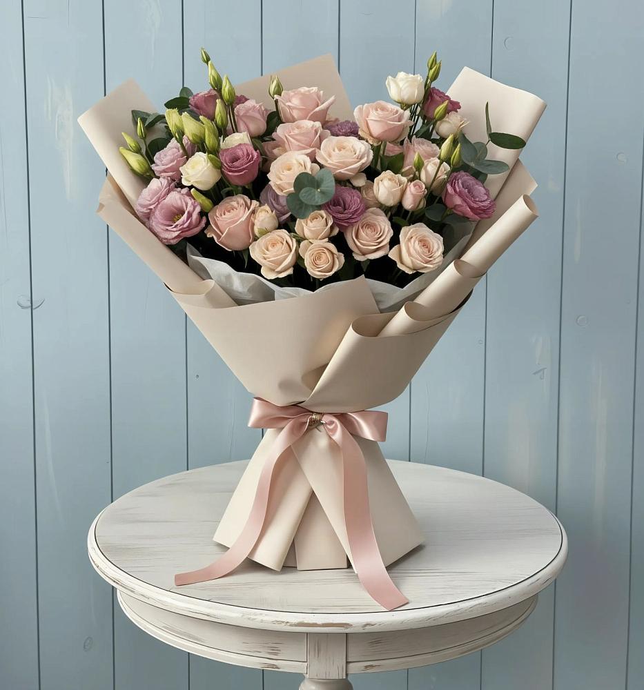 Букет бодрость в Новодмитриевской Букет цветов из: Розы и Лизиантусы в Новодмитриевской