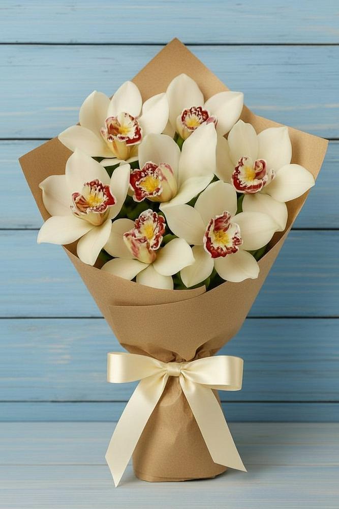 Букет 7 белых орхидей в Новодмитриевской Букет цветов из: Орхидеи и Розы в Новодмитриевской